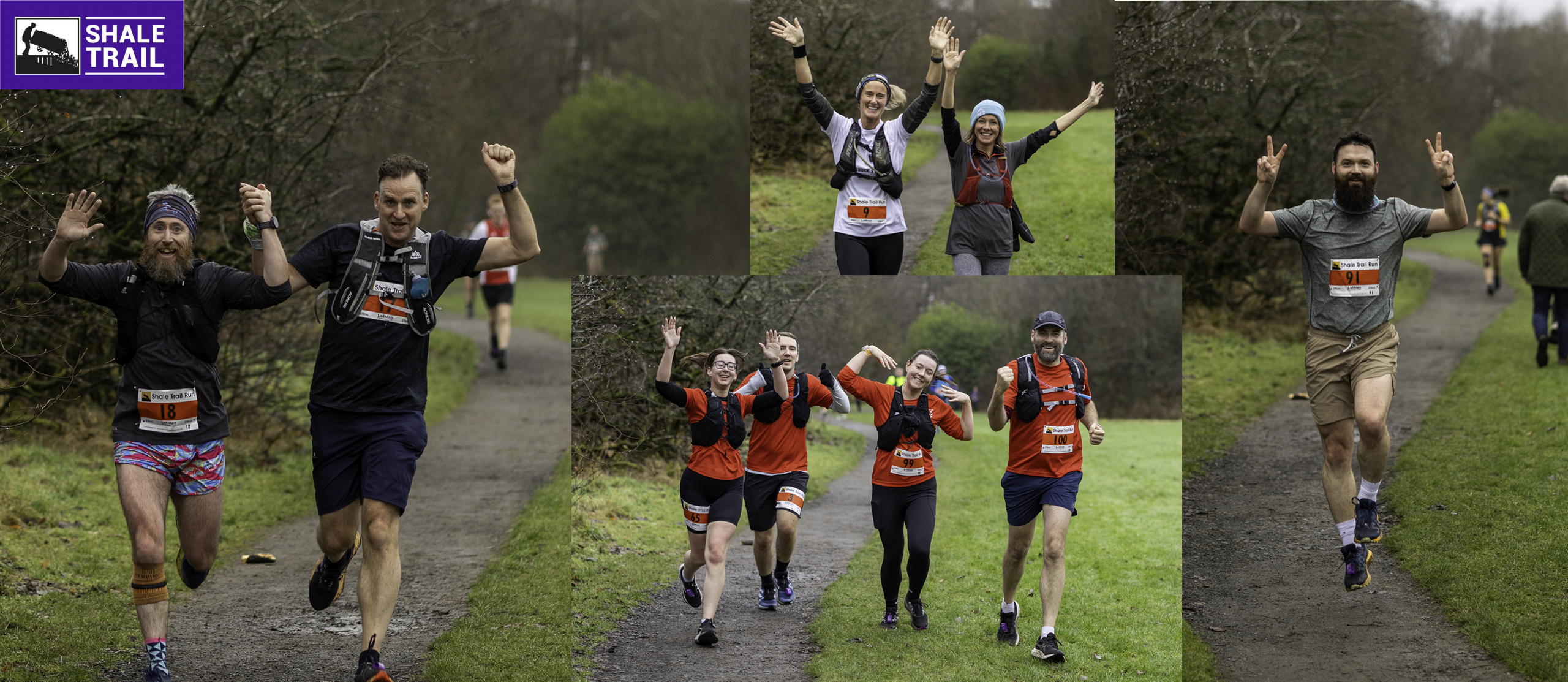 Collage of images from last years trail race. With Shale Trail logo in topleft.
